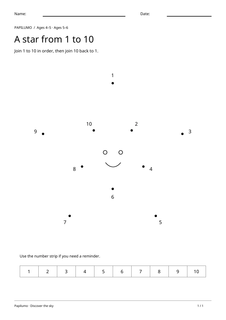 Worksheet preview: Connect the Dots 1–10: Star Printable